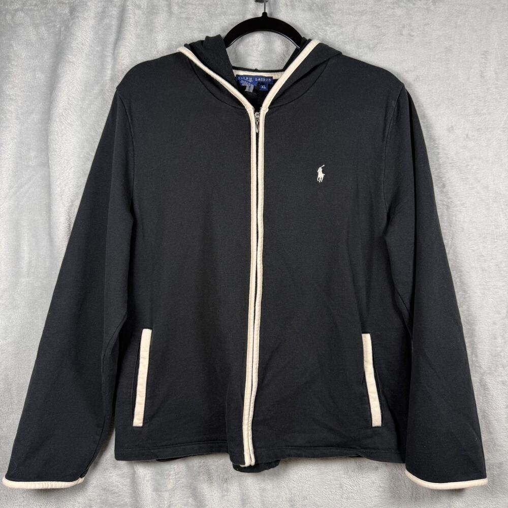 Ralph Lauren Cotton Blend Zip Hoodie Women XL Relaxed Fit Black Minimalist Y2K